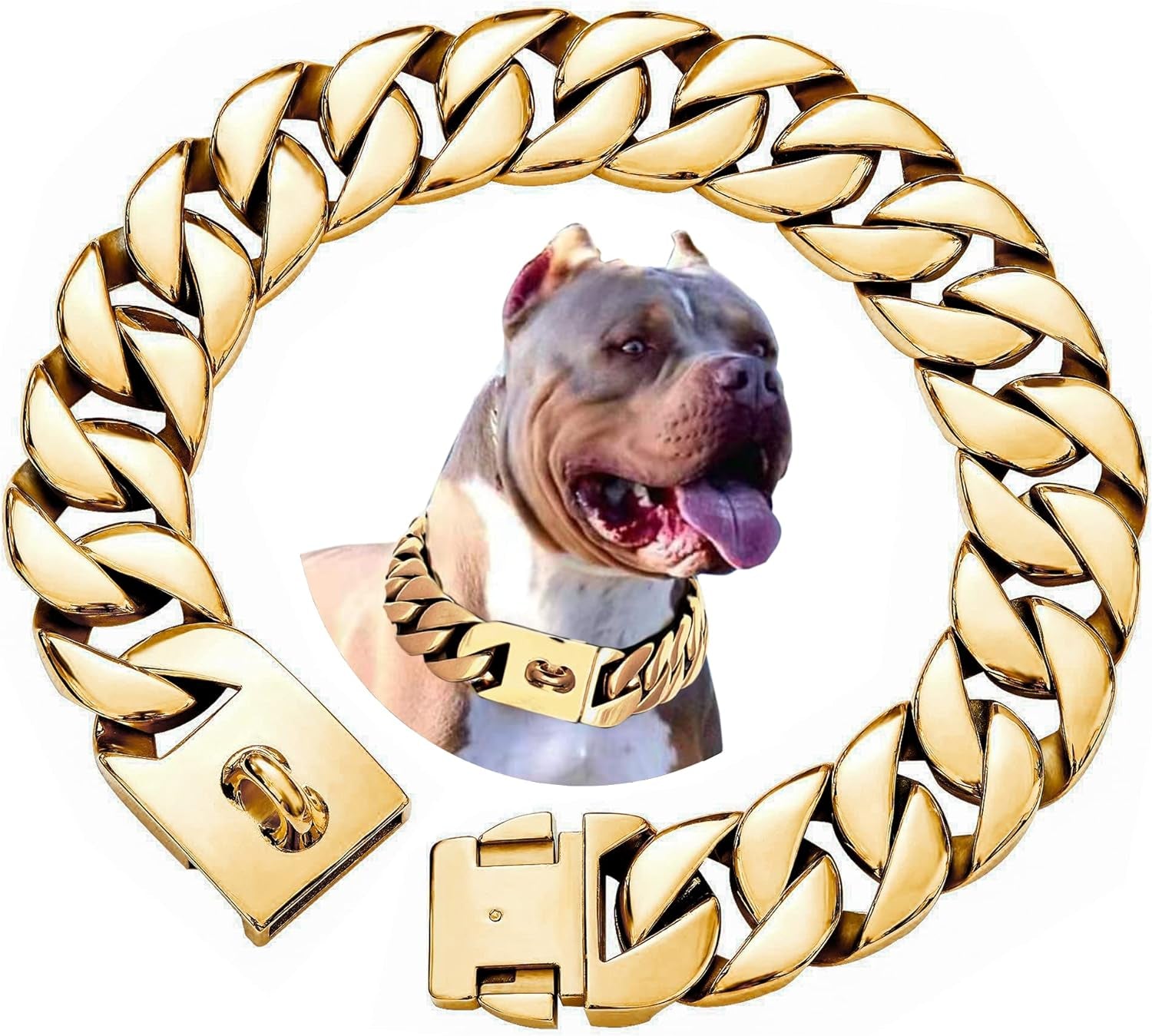 Big Dog Chain Collar with Buckle Strong Heavy Duty 32MM Thick Wide Stainless Steel Metal 18K Gold Cuban Link Chain Collar for Large Dogs